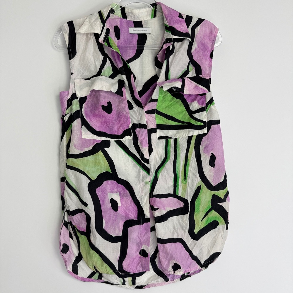 Christian Wijnants Blouse Womens 34 White Purple Silk Abstract Floral Sleeveless